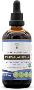 Secrets of the Tribe Ashwagandha USDA Organic Tincture Alcohol-Free Extract Ashwagandha Withania Somnifera Anti-Stress and Relaxation 4 OZ