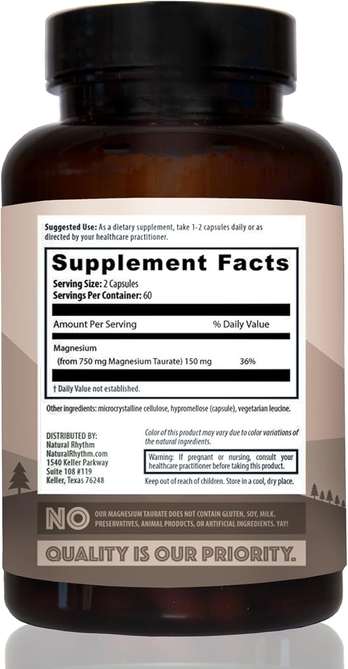 Magnesium Taurate 750mg (150mg Elemental Magnesium) – 120 Vegetarian Capsules – High-Absorption Magnesium Taurate Supplement for Heart Muscle and Nerve Support – Non-GMO Gluten-Free Made in USA