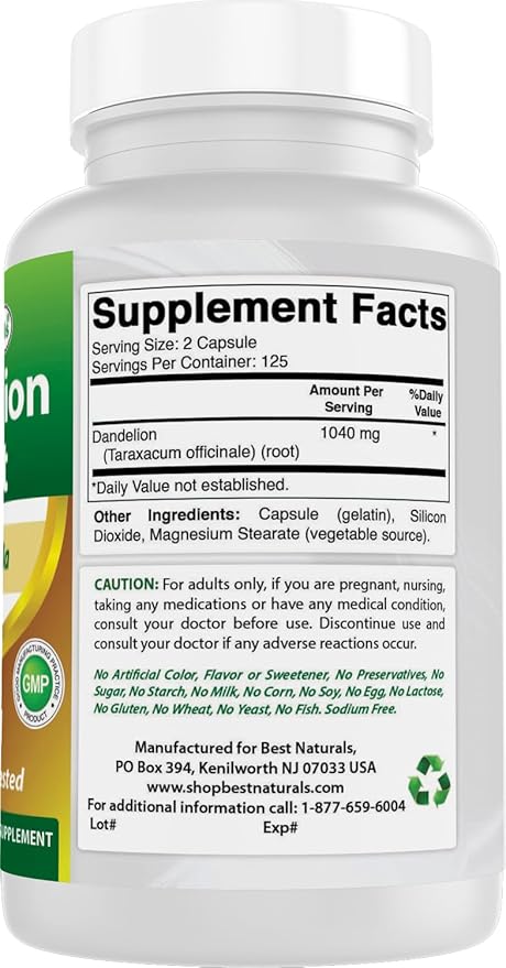 Best Naturals Dandelion Root 520 mg 250 Capsules (Pack of 2)