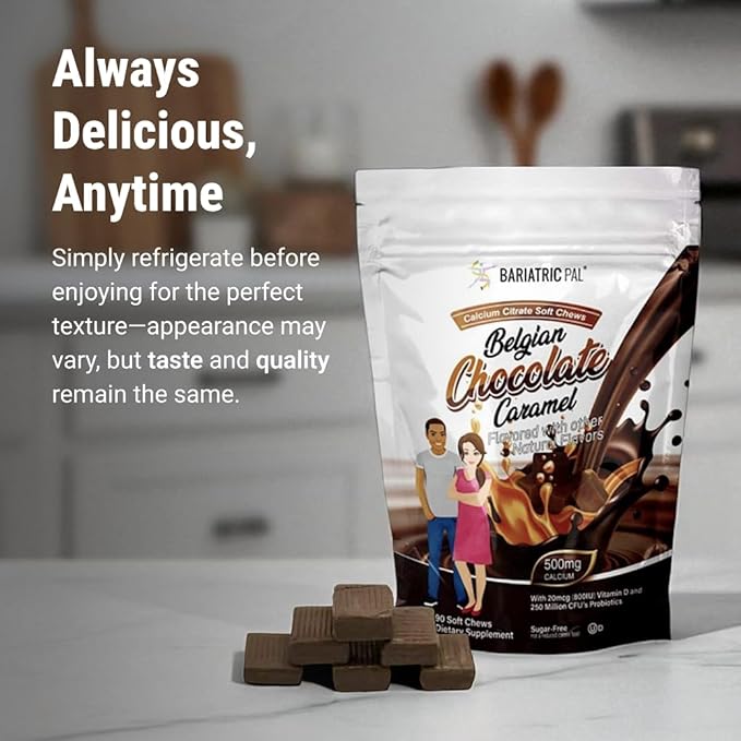 BariatricPal Sugar-Free Calcium Citrate Soft Chews | 500mg with Vitamin D &amp Probiotics | Belgian Chocolate Caramel | 90 Count (1 Month Supply)