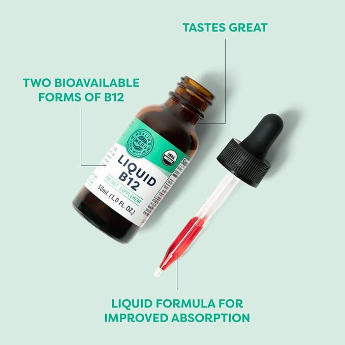 Vimergy USDA Organic Liquid Vitamin B12 Supplement 2500 mcg Methylcobalamin &amp Adenosylcobalamin Fast-Absorbing Energy Support Vegan Non-GMO B12 Vitamins for Women &amp Men 30 Serving (30 mL)