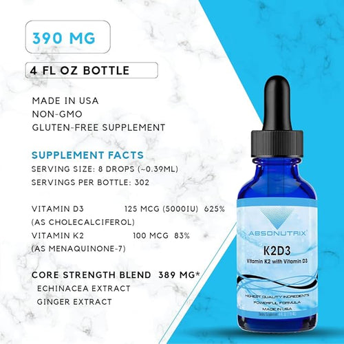 Absonutrix K2D3 390 mg 4 FL OZ Liquid 302 Servings Made in USA Plant-Based Ingredients Vitamin K2 Echinacea Extract Gluten-Free Non-GMO