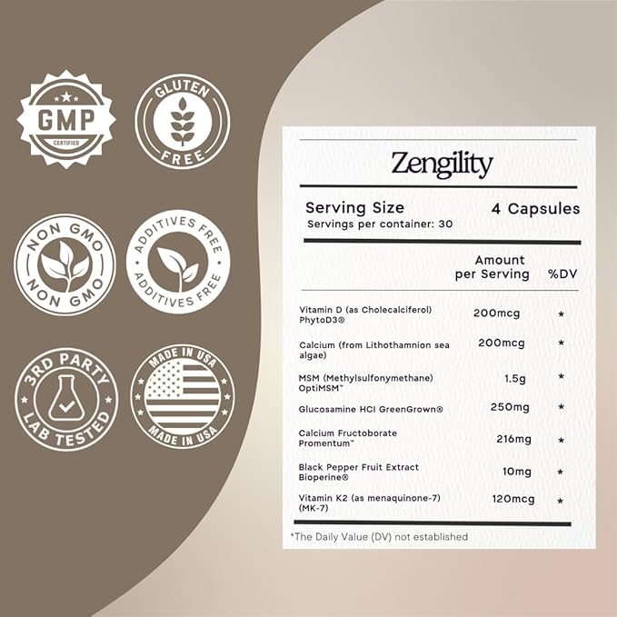Zen Principle Zengility™ Joint Support &amp Bone Strength Supplement – Fast-Acting Relief with Glucosamine MSM Plant Calcium Vitamin K2 &amp D3. Vegan Formula for Mobility &amp Comfort. 120 Caps