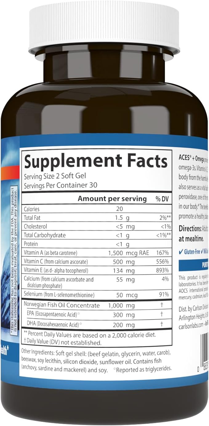 Carlson - ACES + Omega Vitamins A C E &amp Selenium + Omega-3s EPA and DHA Health Support 60 Softgels