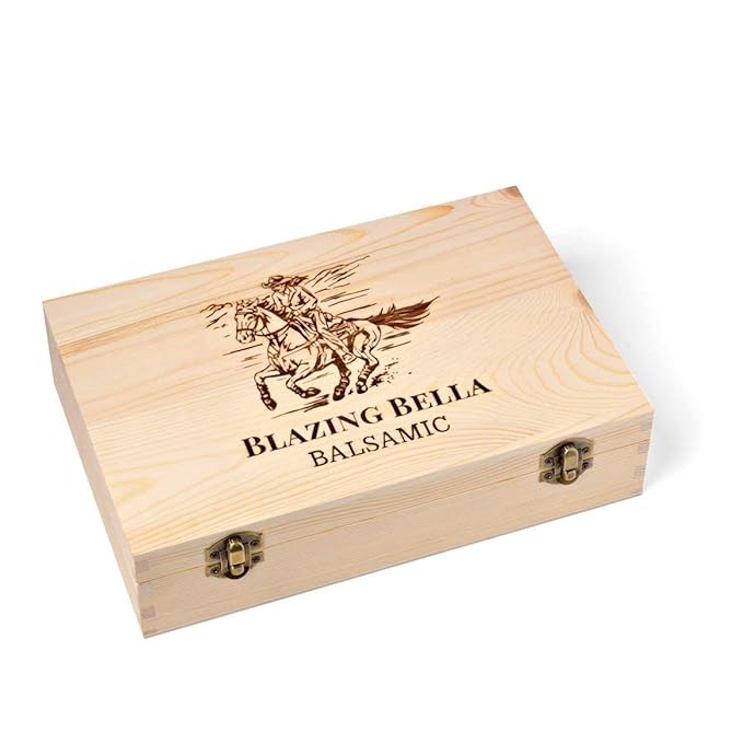 Blazing Bella Flavored Balsamic Vinegar Gift Set in Wooden Box – Balsamic Sampler Set with Fig Peach Strawberry Raspberry &amp Barrel-Aged Balsamic – Balsamic Vinegar from Modena Italy – 5 × 100m