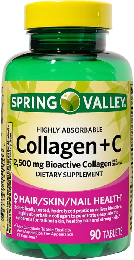 Spring Valley's Collagen + C Tablets 2500mg 90 Tablets | Collagen Plus Vitamin c | Collagen + Vitamin C 60 mg | Collagen C Spring Valley Bundle with Basket Goods Store