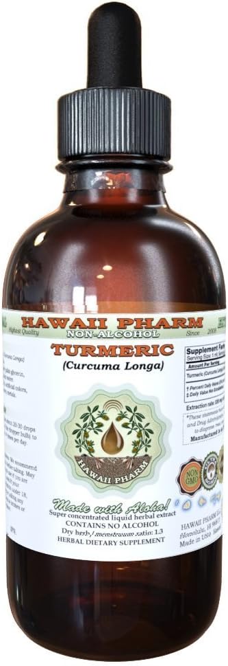 Hawaii Pharm Turmeric Alcohol-Free Liquid Extract Professional Grade Small Batch Crafted Turmeric (Curcuma Longa) Dried Rhizome Glycerite Natural Herbal Supplement 2 fl.oz