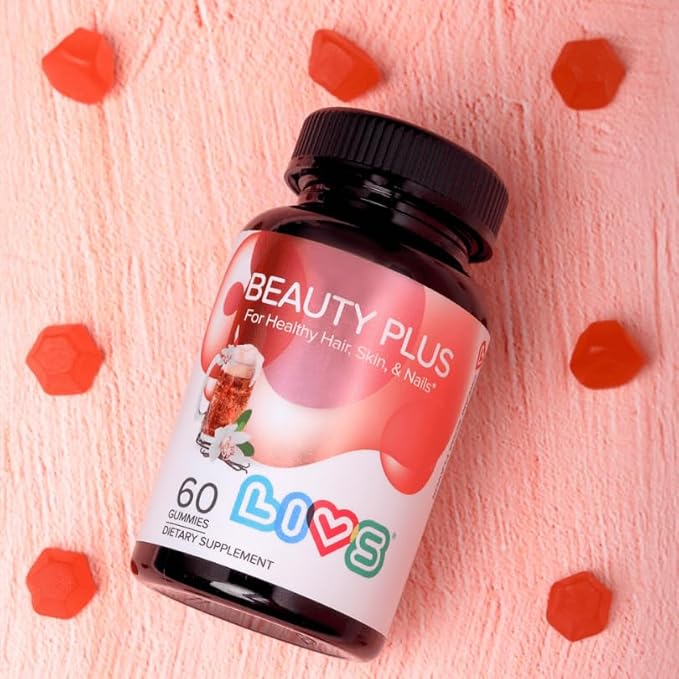 LIVS Beauty Plus Gummy Vitamins - Biotin Gummies for Hair Skin and Nails | Natural Gluten-Free Non-GMO Beauty Supplement with Vitamins A C E B12 D2 Zinc &amp More - Cream Soda Flavor - 120 Ct