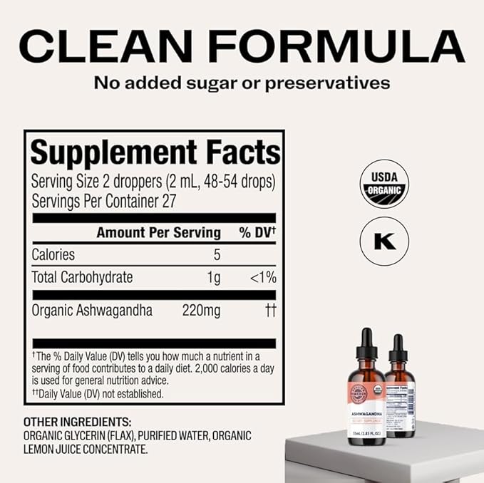 Vimergy USDA Organic Ashwagandha Liquid Extract 27 Servings –Stress Supplement Drops – Adaptogen - Supports Cognitive Function – Sleep Support – Alcohol-Free Non-GMO Vegan &amp Paleo Friendly (55