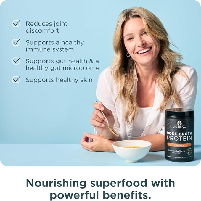 Ancient Nutrition Grass Fed Cage Free Bone Broth Protein Powder 20g Protein Hydrolyzed Collagen Peptides Keto &amp Paleo Friendly Supports Joint &amp Gut Health Turmeric 20 Servings