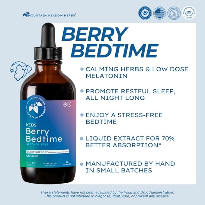 Mountain Meadow Herbs Berry Bedtime – Kids Sleep Support Drops with Melatonin Chamomile Lemon Balm &amp Passionflower - Natural Sleep Aid for Children – 4 oz