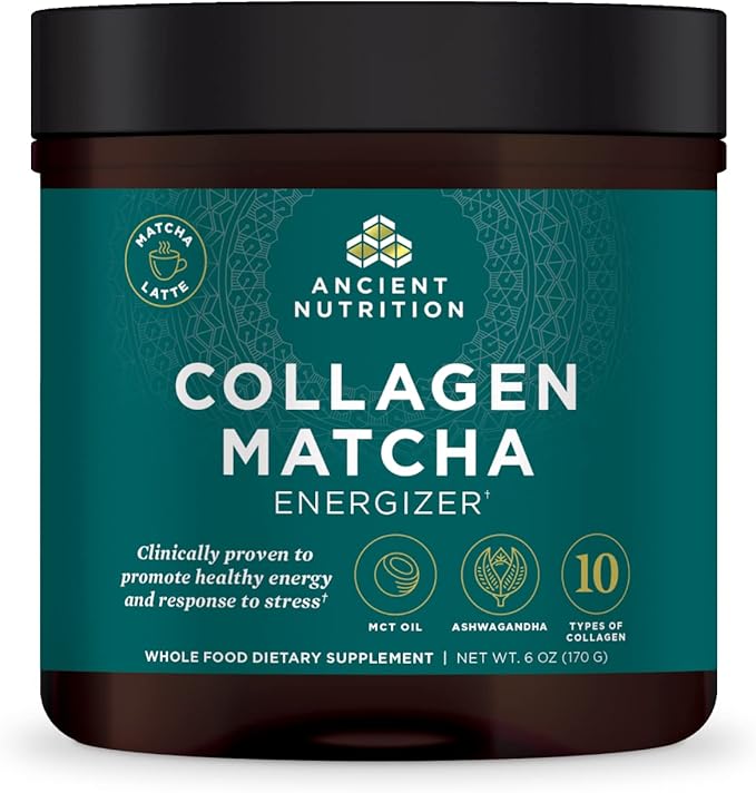 Ancient Nutrition Matcha Powder with Collagen Collagen Matcha with MCTs &amp Ashwagandha for Energy Metabolism Skin Hair and Gut Health 20 Servings