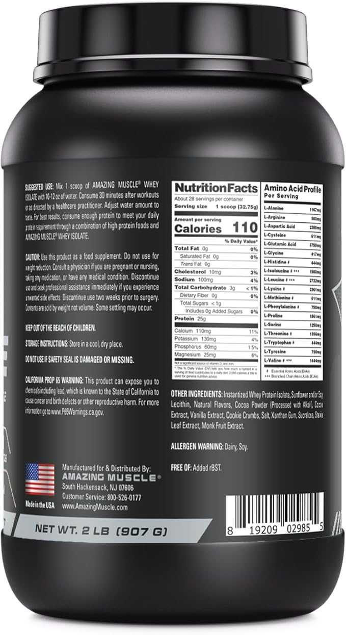 Amazing Muscle Whey Protein Isolate Powder | 25 Grams Protein Per Serving | 100% Whey Isolate | Zero Fat | Made in USA (2 LB Cookies &amp Cream)