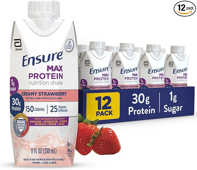 Ensure Max Protein Shake | Creamy Strawberry | Ready to Drink | 30g Protein for Muscle Health | 1g Sugar 4g Fiber | 11 fl oz Bottle 12 Pack