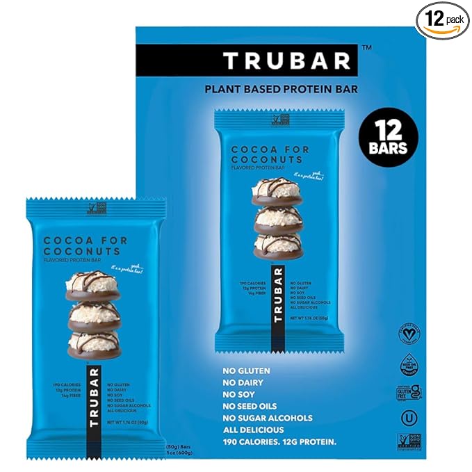 TRUBAR Vegan Protein Bar Cocoa For Coconuts Gluten Free Plant Based Protein Dairy Free Non GMO Soy Free No Sugar Alcohols 12G Protein 12G Fiber 23G Carb On the Go Snack Bars 12ct