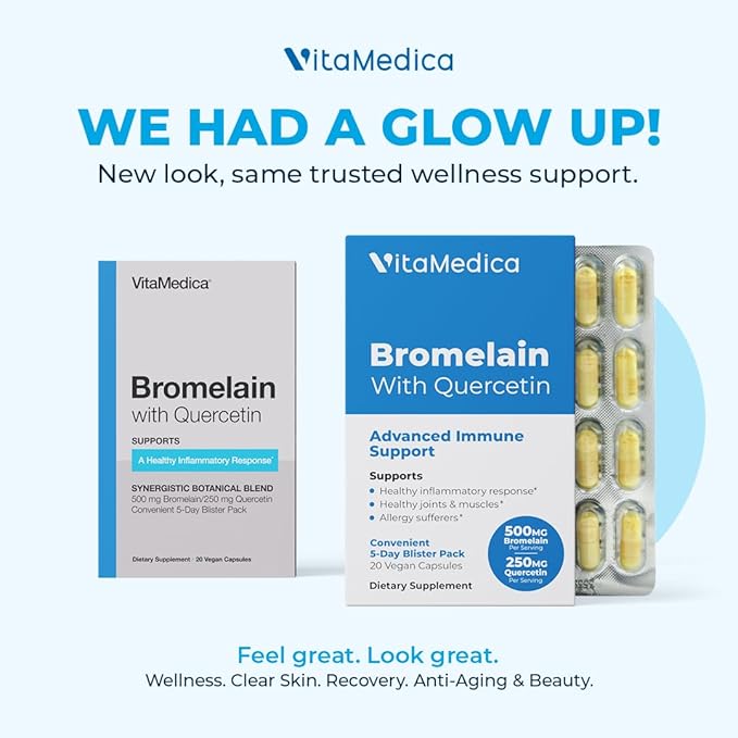 VitaMedica Bromelain &amp Quercetin Supplement - 500mg Bromelain 250mg Quercetin - 2400 GDU for Immunity Joint Support Inflammation and Muscle Recovery - 20 Vegan Capsules - 5 Day Supply