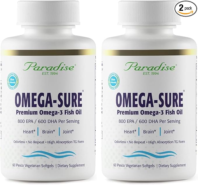 Paradise Herbs Omega-Sure Omega-3 Concentrate Premium Fish Oil DHA EPA Vegan Non GMO Gluten Free 60 Count Vegetarian Softgels (Pack of 2)