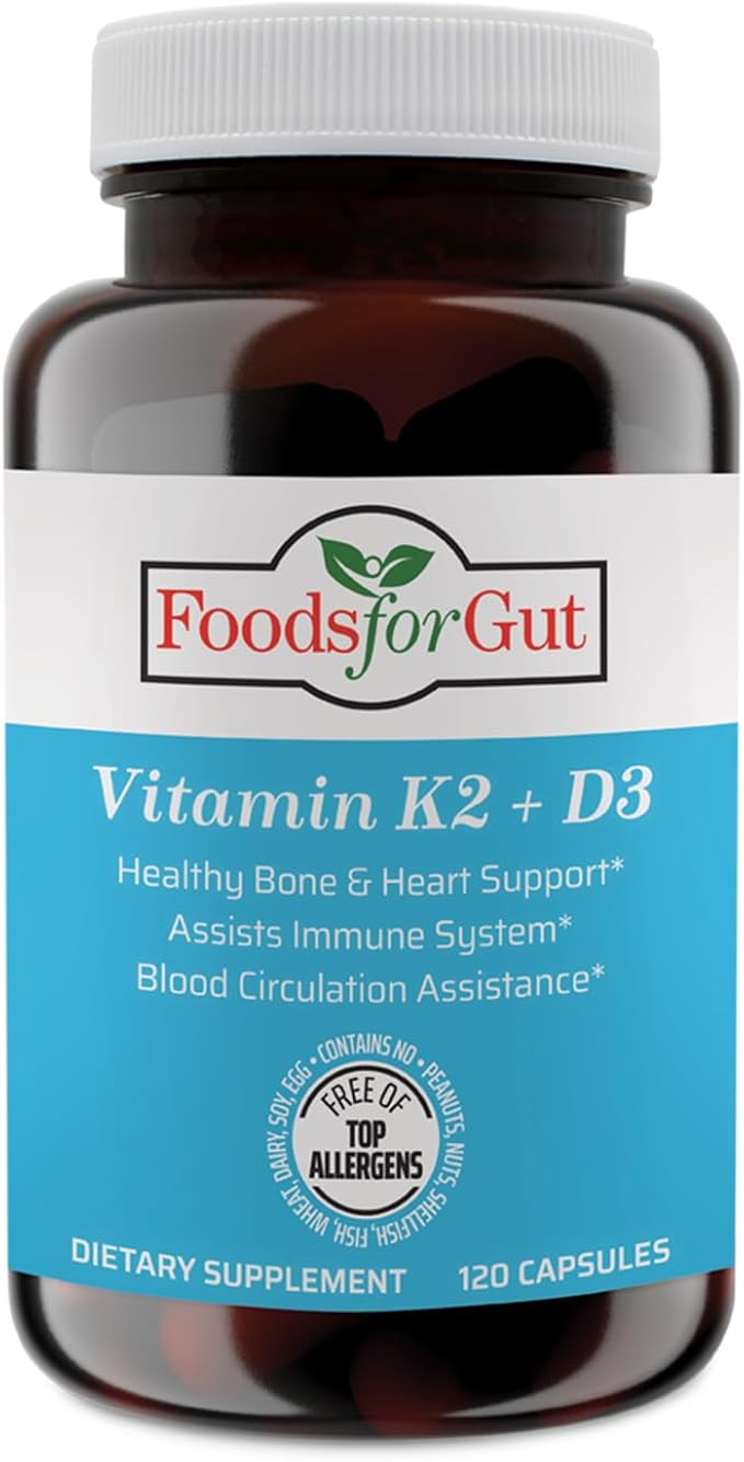 Foods For Gut Vitamin K2 (MK7) D3 &amp BioPerine® Black Pepper Extract | 120 Capsules | Free of Top Allergens | Bone Health | Mood &amp Energy Support |