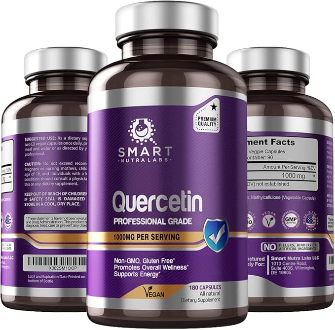 Smart Nutra Labs Quercetin 1000mg- 180 Vegan Capsules 100% Pure Quercetin Supplement- Non-GMO Gluten Free Third Party Tested