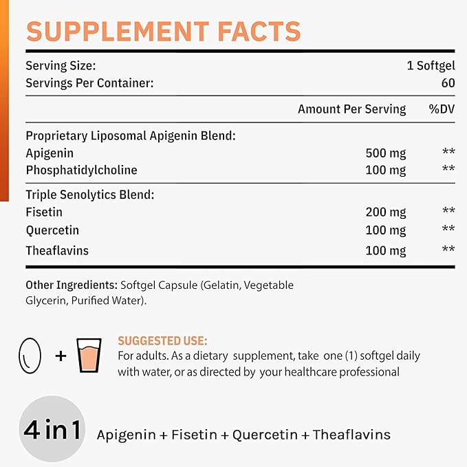 Liposomal apigenin 500mg Softgels - Optimal Apigenin Supplement with Fisetin Quercetin and Theaflavins - 12 Month Supply