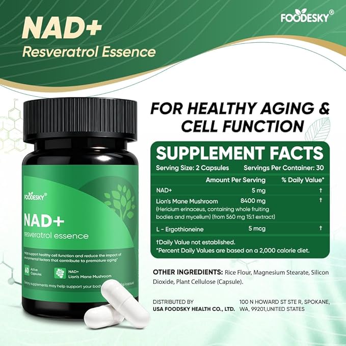 NAD+ Resveratrol Essence Capsules - 5mg NAD+ &amp Lion's Mane Mushroom - Supports Healthy Cell Function &amp Daily Wellness - 60 Active Dietary Capsules (3PCS)