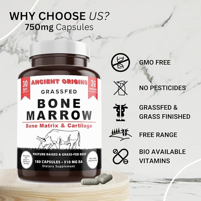 Grass Fed Bone Marrow Supplement 3060mg Skin Oral Health and Joint Support Supplement Promotes Whole-Body Wellness Non GMO Whole Bone Extract 180 Capsules