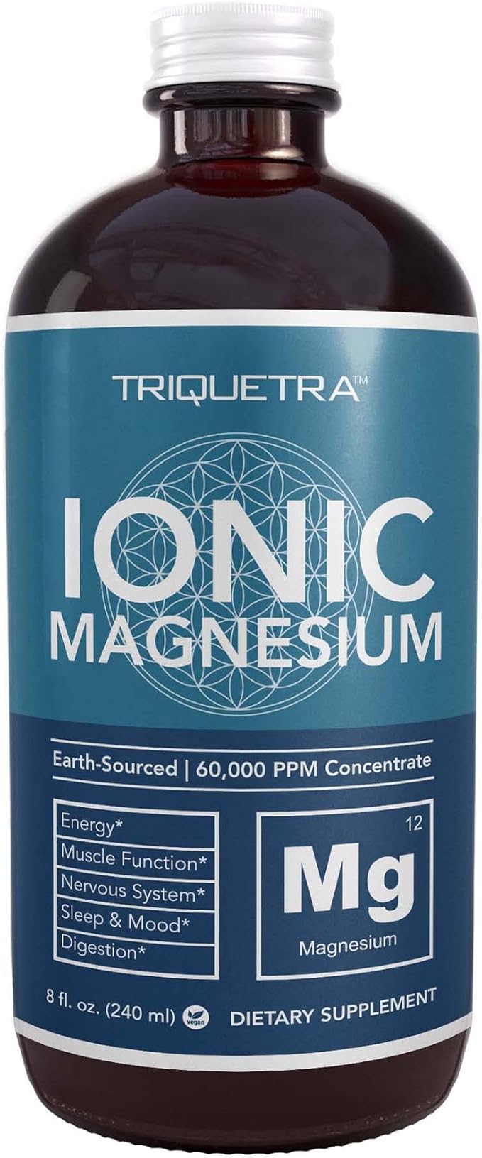 Liquid Magnesium | 8 oz - Ionic Magnesium Chloride Highest &amp Fastest Absorption - Calm Mood Sleep Muscle Cramps &amp Spasms Natural Laxative – Vegan Glass Bottle (96 Servings)
