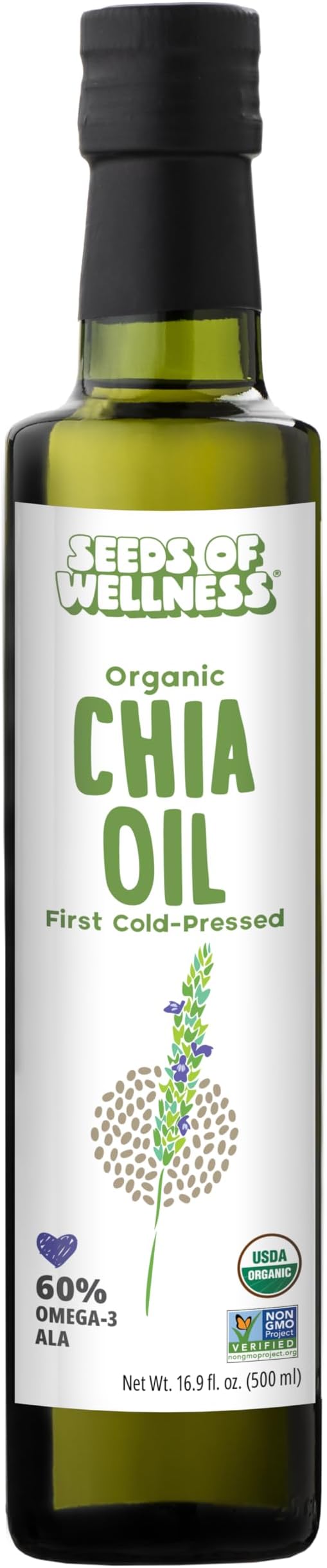 Seeds of Wellness - Organic Chia Seed Oil Essential Bio Nutrients Fatty Acids Omega-3 ALA Plant-Based Cold-Pressed Unrefined Non GMO 16.9 Fl Oz (500 ml) Glass Bottle Pack of 1 Chile