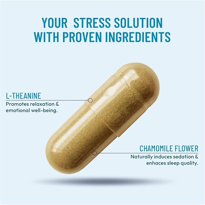 Stress Relief Supplement - Supports Mood &amp Mental Focus - Feel Calm and Relaxed - Eases Tension &amp Nervousness - Ashwagandha GABA Valerian &amp L-Theanine - 60 Capsules (Pack of 2)