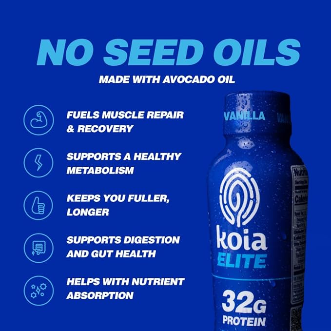 Koia Elite Plant Based Protein Shake Vanilla 32g Protein 4g Sugar 6g Prebiotic Fiber Pre &amp Post Workout Nutritional Drink No Seed Oils Dairy-Free Gluten-Free Non-GMO 12 Fl Oz (Pack of 12