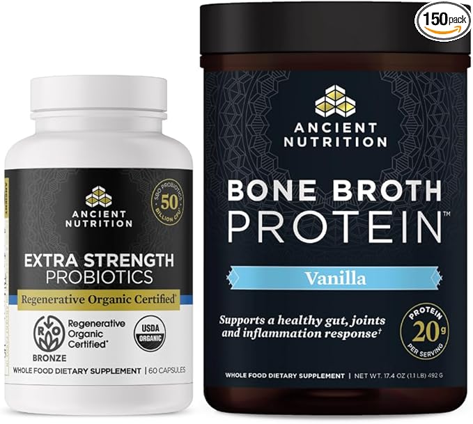 Ancient Nutrition Regenerative Organic Certified Extra Strength Probiotics Capsules 60 Count + Bone Broth Protein Powder Vanilla 20 Servings