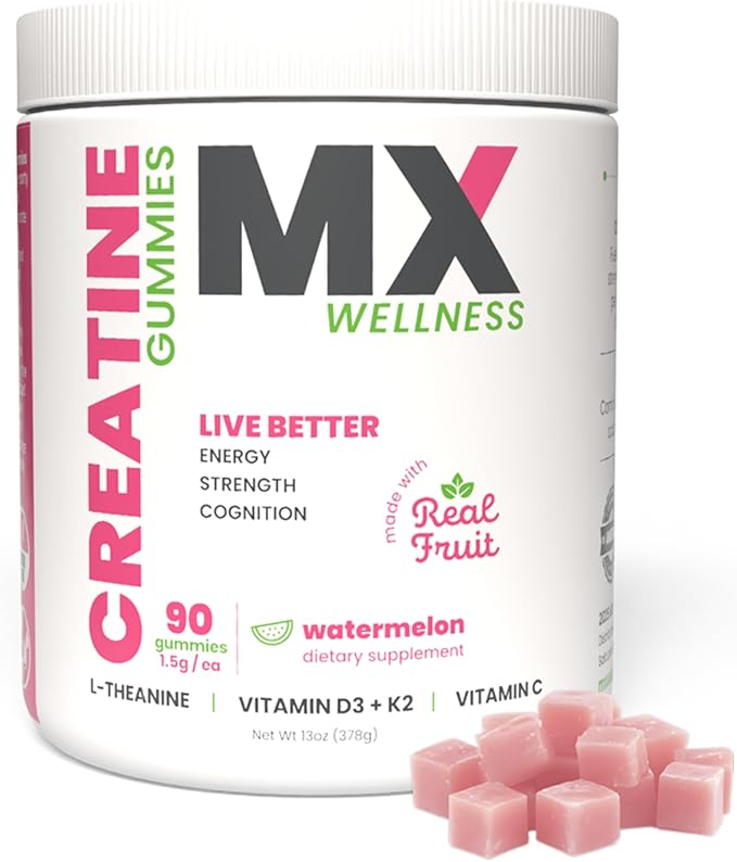 Creatine Monohydrate Gummies for Men &amp Women – Real Fruit Gummy Supplement for Muscle Growth Recovery Longevity Cognitive Health &amp Memory – 90 Chews (90 Gummies Watermelon)
