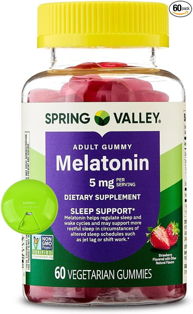 SUREFECT Spring Valley Melatonin Gummies - 5mg per Serving Sleep Support Strawberry Flavor 60 Count Organizer.(Packaging May Vary).