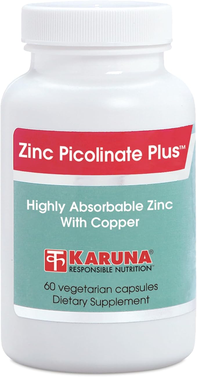 Karuna Zinc Picolinate Plus 60 Vegetarian Capsules | 25 MG Plus 2.5 MG Copper for BALACED Long Term USE | Supporting Immune Function Skin Health Development and Overall Well-Being.