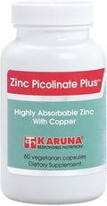 Karuna Zinc Picolinate Plus 60 Vegetarian Capsules | 25 MG Plus 2.5 MG Copper for BALACED Long Term USE | Supporting Immune Function Skin Health Development and Overall Well-Being.