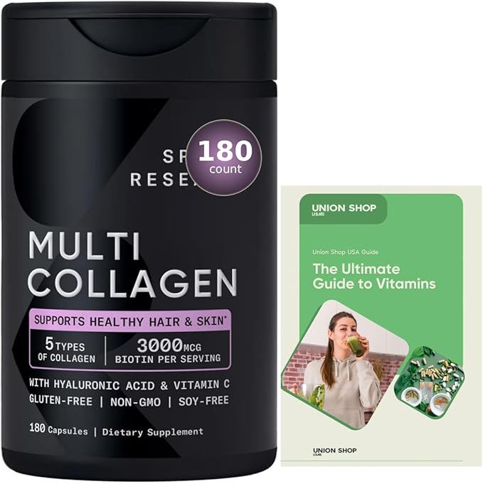 Multi Collagen Complex with Vitamin C &amp Hyaluronic Acid - 5 Types of Collagen for Hair Skin Nails &amp Joint Support - Non-GMO Gluten-Free - 180 Count + Exclusive Vitamin Guide