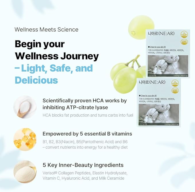 NE:AR Garcinia Cambogia Chews – 750mg HCA from Garcinia Cambogia with Vitamin B Complex – Tasty Shine Muscat Flavor K-Chewables for Daily Metabolism &amp Carbohydrate Support – 28 Chews