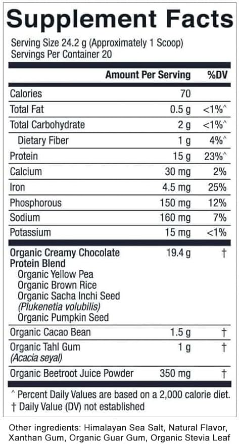 Essential Elements Plant-Based Organic Protein Powder - Creamy Chocolate Flavor - Vegan Sugar-Fee &amp Keto-Friendly - Yellow Pea &amp Sacha Inchi Protein Blend - 20 Servings