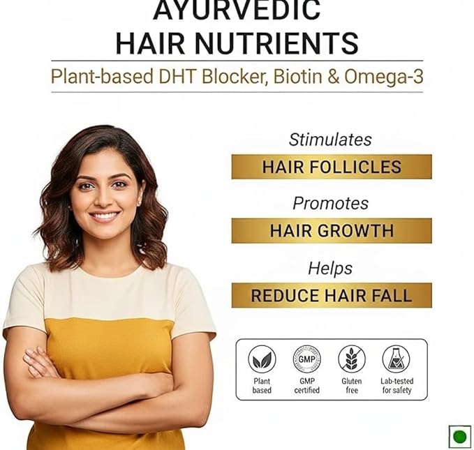 DHT Blocker Ayurvedic Hair Nutrients Vitamins - Plant Based Gluten Free | Biotin Omega-3 &amp Flaxseeds | Controls Hair Fall &amp Stimulates Follicles | 100% Veg | 60 Capsules