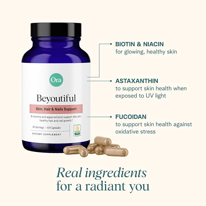 Ora Organic Hair Skin and Nails Support- BeYouTiful - Beauty Supplement with B Vitamins and Algae Extracts for Healthy Hair and Skin - 60 Vegan Capsules