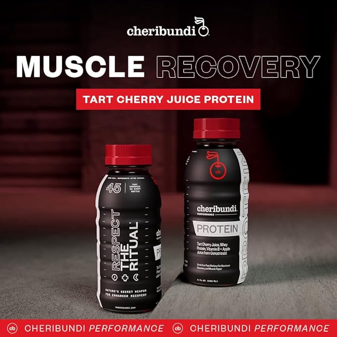 Cheribundi PROTEIN Tart Cherry Juice - Tart Cherry Juice Whey Protein - Pro Athlete Workout Recovery - Post Workout Recovery Drinks for Weight Training and Competitive Sports -8 Fl Oz (Pack of 12)