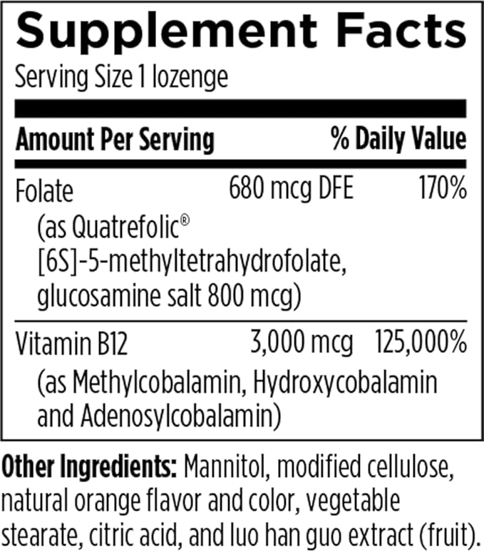 Designs for Health Trifolamin B12 + Folate Lozenges - 3000mcg B12 (Three Forms) + MTHF Methylfolate Supplement - Delicious Orange Flavor Fast-Dissolve Tablets (60 Lozenges)