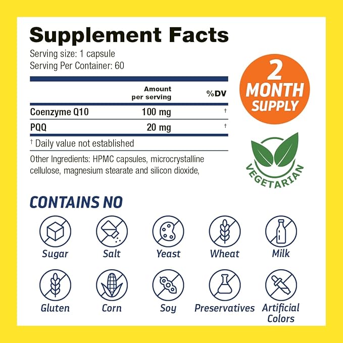 CoQ10 100mg + PQQ Supplement 20mg - Coenzyme Q10 with PQQ to Support Heart &amp Brain Health - Made in USA Backed by 30+ Years of Trust - GMP Certified &amp Non-GMO - 2 Month Supply