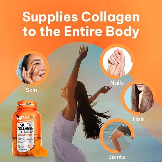 Herbtonics Multi Collagen Gummies Type 1235 &amp 10 with Biotin for Hair Growth Skin Nails - Liver Cleanse Detox &amp Repair Formula with Milk Thistle - Artichoke and 24 Herbs Liver Health Supp