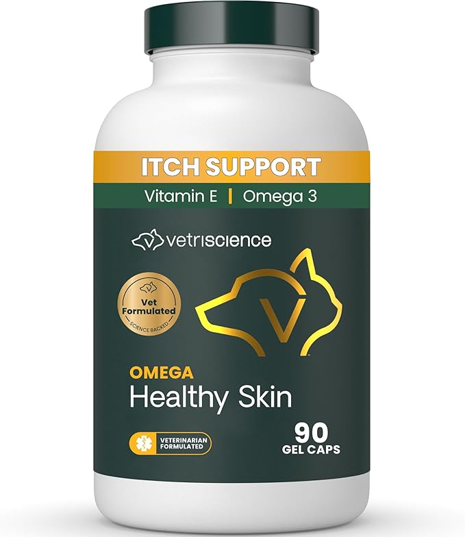 VetriScience Omega Healthy Skin and Coat Capsules 369 Fish Oil Supplement for Dogs and Cats Reduce Shedding Over 750 mg Omega Fatty Acids per Capsule Gel Caps 90 Count