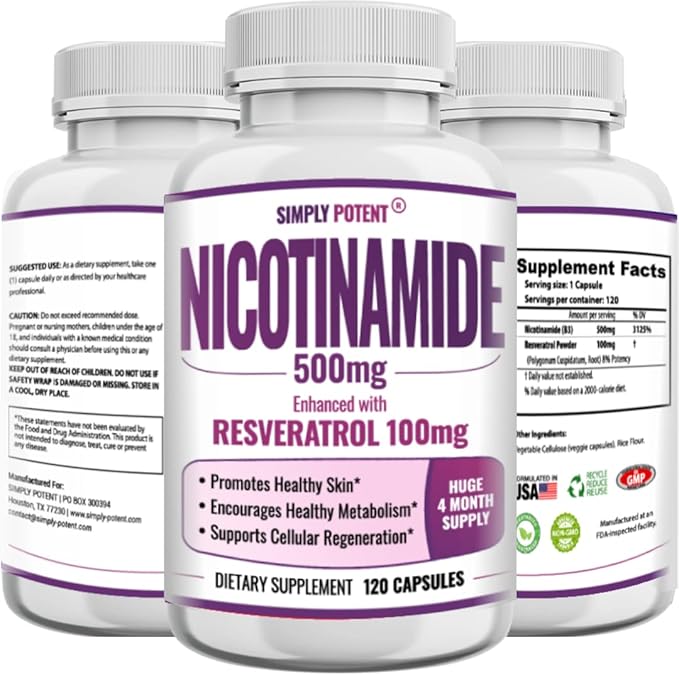 Nicotinamide 500mg with Resveratrol 100mg - 120 Veggie Capsules - Vitamin B3 Supplement Pills to Support NAD Skin Cell Health &amp Energy