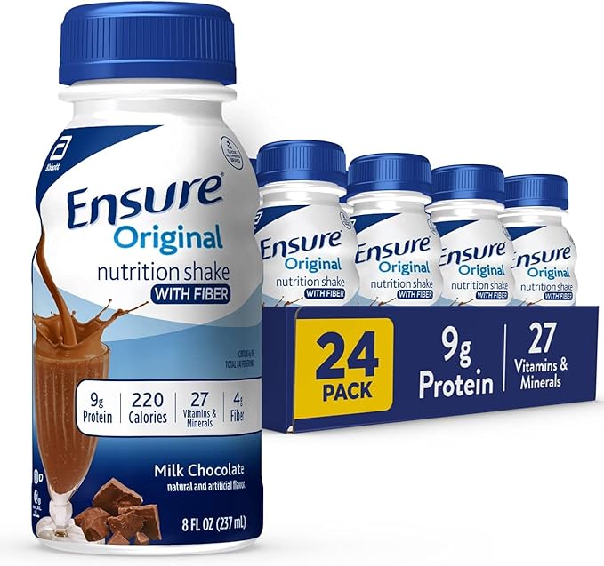 Ensure High Protein Milk Chocolate Nutrition Shake With Fiber 8 Fl Oz (Pack of 24) &amp Ensure Original Milk Chocolate Nutrition Shake | Meal Replacement Shake | 24 Pack Bundle