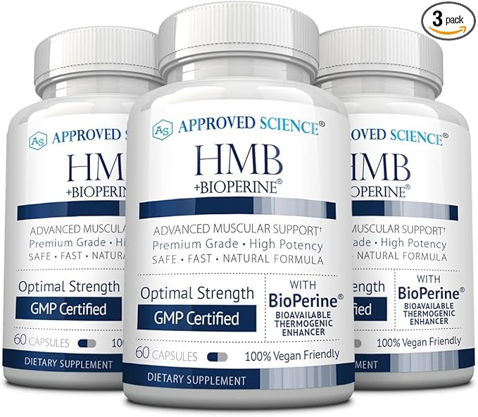Approved Science HMB - 1500mg High Potency HMB Supplement with Calcium &amp BioPerine for Absorption - Muscle Health &amp Exercise Performance - 60 Vegan Capsules - Pack of 3