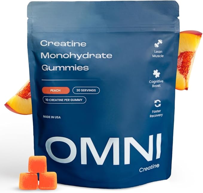 Creatine Monohydrate Gummies - Supports Muscle Growth Recovery &amp Brain Function - Convenient &amp Easy to Take - Great Tasting Peach Flavor - 1g per Gummy Low Sugar - 90 Count (Peach)