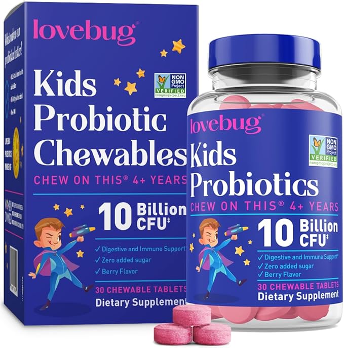LOVEBUG Probiotics for Kids – Probiotic Chewables with Prebiotic Fiber for Age 4+Daily Children's Gut Health &amp Digestive Support Supplement Sugar-Free Berry Flavor 30 Count